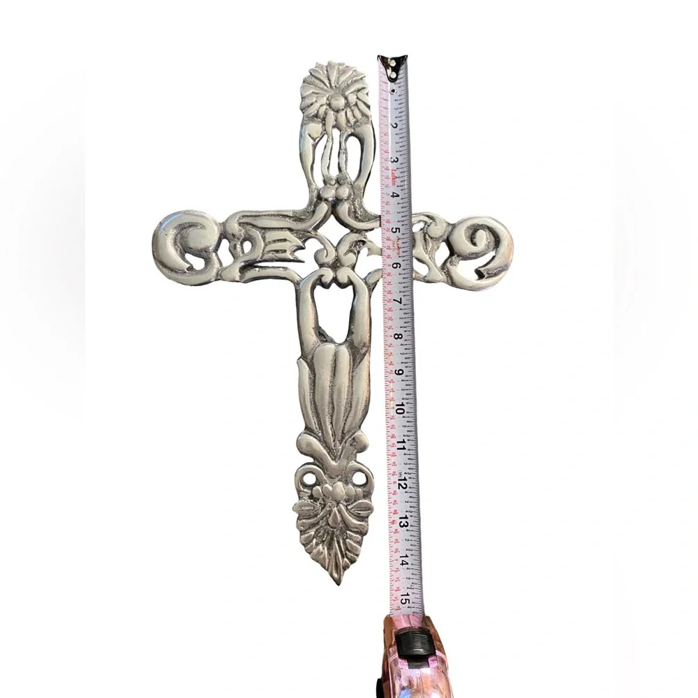 Large 15” Vintage Ornate Metal Wall Cross Cast Aluminum